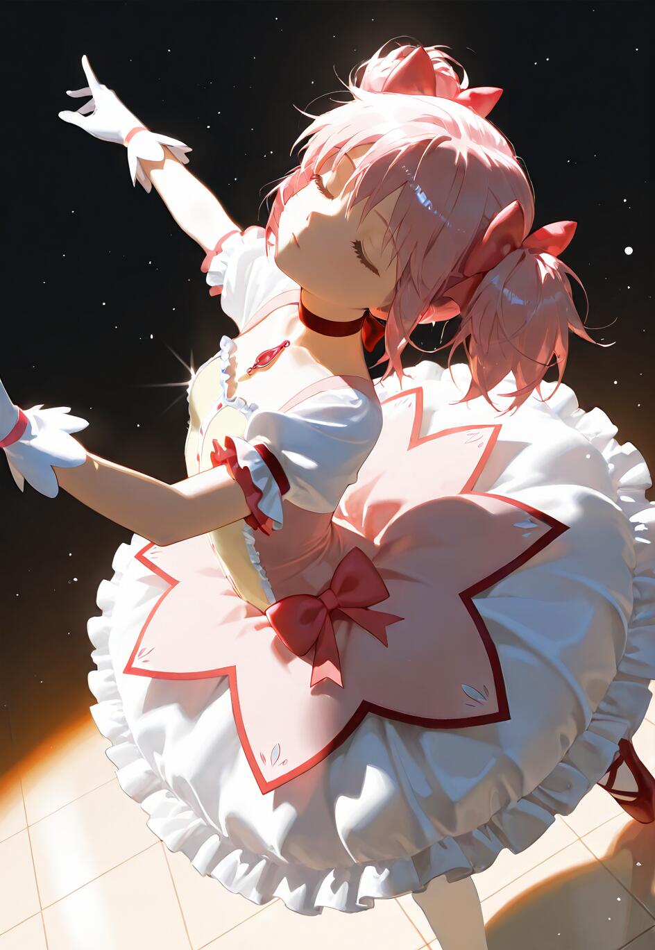 Madoka Kaname, de la serie Puella Magi Madoka Magica, lleva un vestido de bailarina de color rosa y blanco, y baila con gracia bajo un foco de luz, con los ojos cerrados, sobre un fondo estrellado.