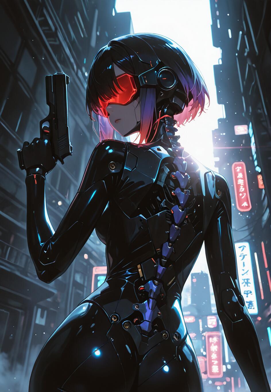 Una ilustración al estilo anime de Motoko Kusanagi, el cyborg de la serie Ghost in the Shell. Tiene el pelo corto de color púrpura, una visera roja y lleva un traje cibernético negro con una columna vertebral mecánica expuesta. Sostiene una pistola y mira por encima del hombro en una ciudad futurista de noche, llena de letreros de neón.