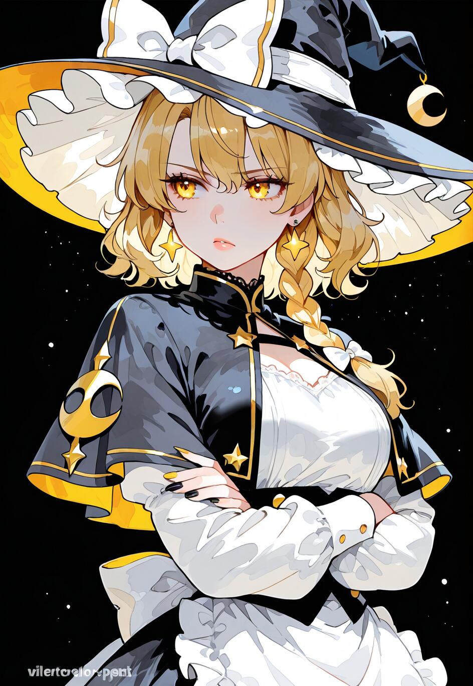 Una ilustración al estilo anime de Marisa Kirisame, de la serie Touhou Project. Es una bruja rubia con ojos amarillos brillantes, que lleva un gran sombrero negro con un lazo blanco y un vestido blanco y negro. Está de pie, con los brazos cruzados, sobre un fondo negro salpicado de estrellas.