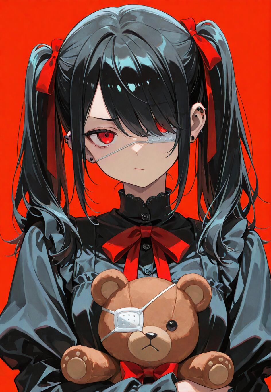 Una chica de anime con dos coletas negras, ojos rojos y un parche en el ojo, identificada como Mei Misaki de la serie «Another», sostiene un oso de peluche que también tiene un parche en el ojo, todo ello sobre un fondo rojo.