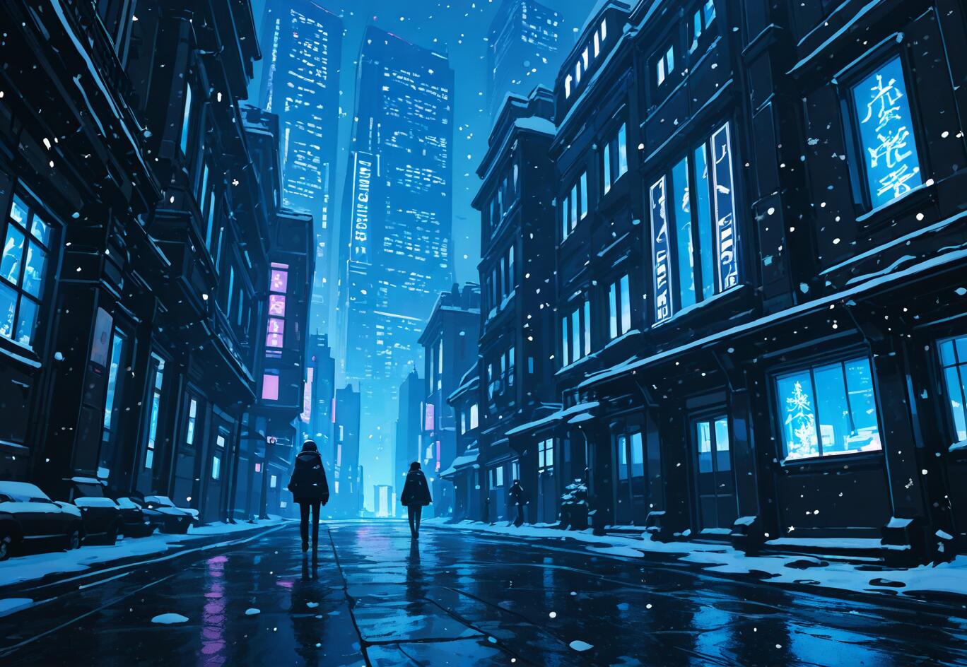 Una pintura digital que representa una calle futurista y nevada, de noche. Dos personas con abrigos de invierno se alejan del espectador por una calle mojada, flanqueada por edificios con letreros de neón azul y morado que brillan.