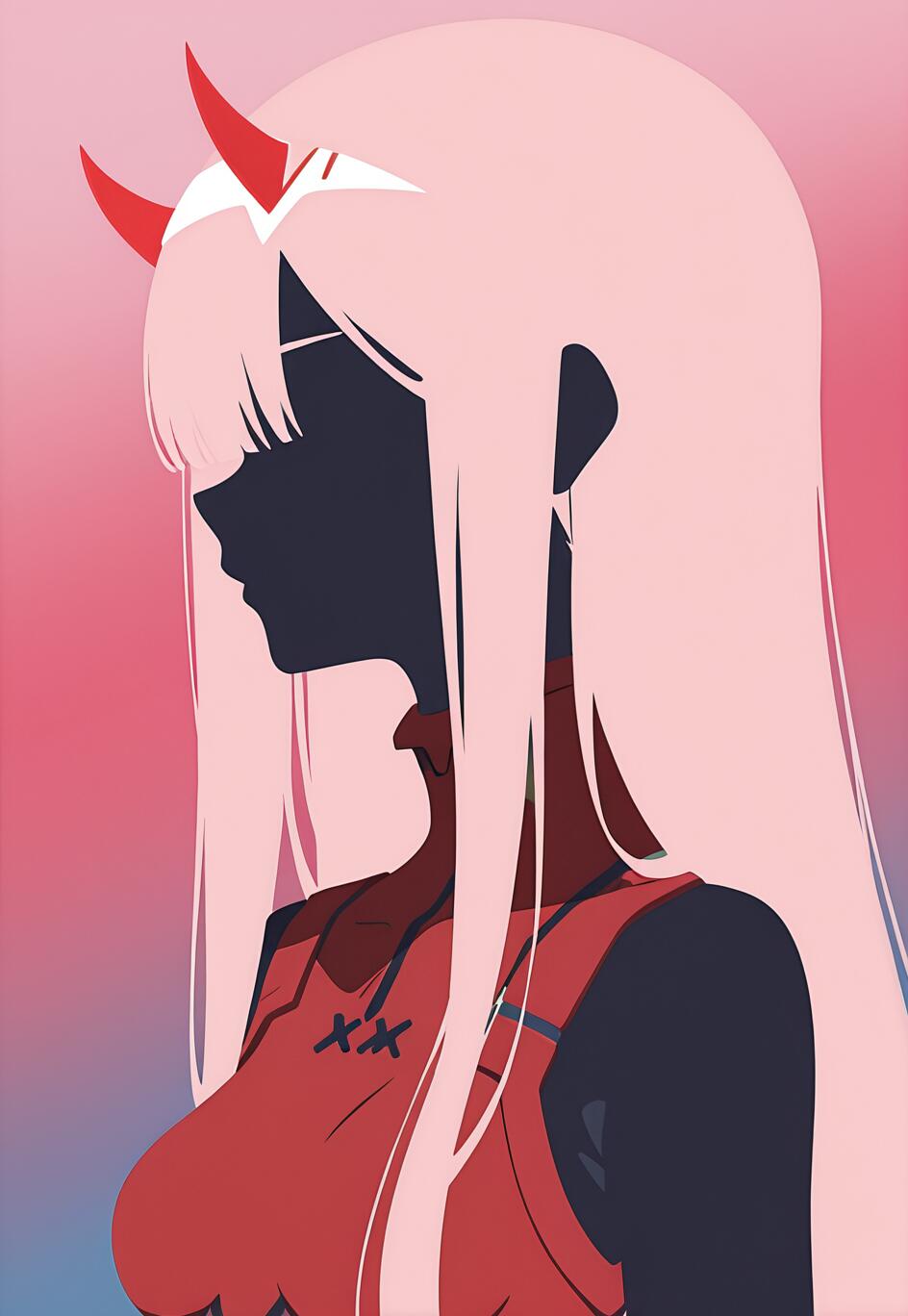 Una ilustración minimalista que muestra el perfil lateral del personaje de anime Zero Two. Tiene el pelo largo y rosa, cuernos rojos y un traje rojo. Su rostro y su cuerpo se representan como una silueta oscura sobre un fondo con un degradado de colores rosa y azul.
