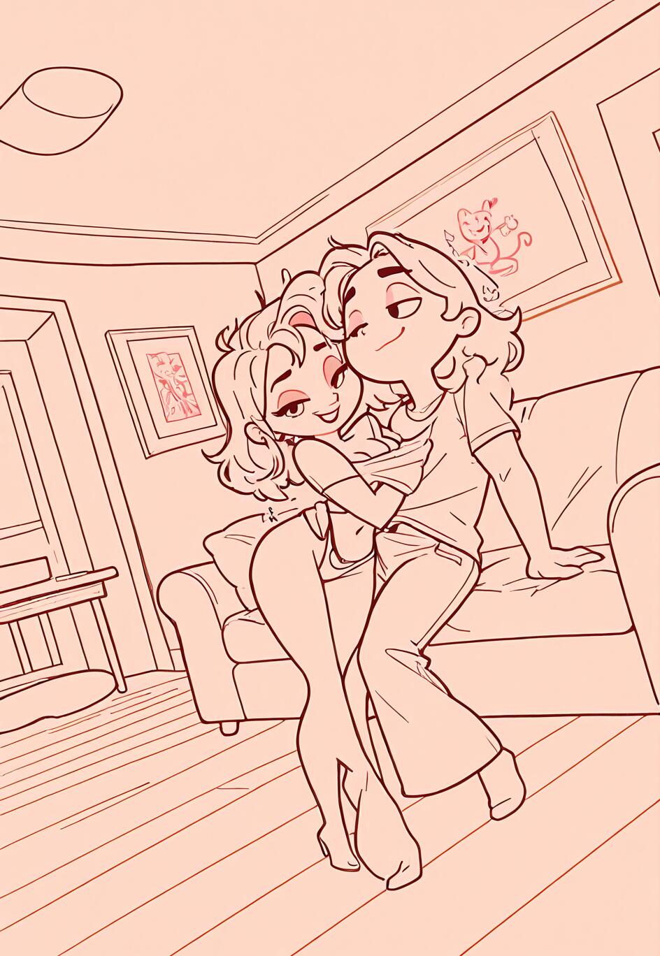 Un dibujo lineal de estilo caricaturesco que representa a un hombre y una mujer abrazándose de forma juguetona en un salón. El hombre, sentado en el brazo de un sofá, levanta la parte superior de la ropa de la mujer, que está de pie frente a él, y ambos se miran sonriendo.