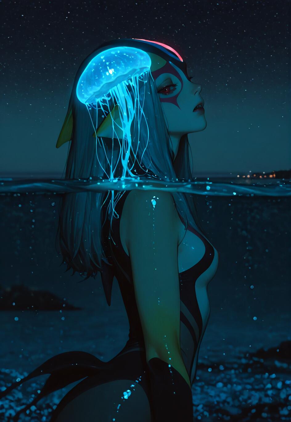 Una ilustración del personaje de anime Mutio, de Blue Submarine No. 6, de pie en el océano durante la noche. Una gran medusa azul bioluminiscente se encuentra sobre su cabeza, como un sombrero, iluminando su rostro y su cabello gris sobre el cielo estrellado.