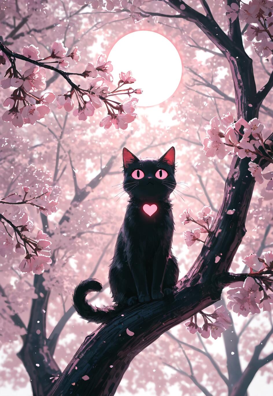 Un gato negro, con grandes ojos rosados y un corazón rosado brillante en el pecho, está sentado en una rama de un cerezo en flor, bajo la luz de una luna llena y blanca.