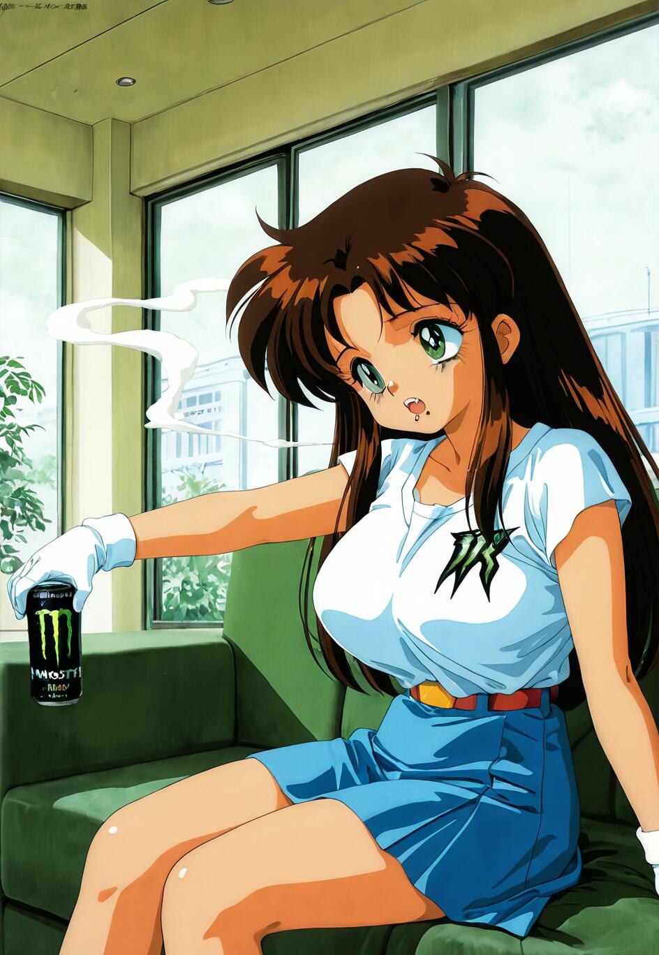 Una ilustración al estilo anime de los años 90 que representa a Natsumi Tsujimoto, de la serie «You’re Under Arrest», sentada en un sofá verde y sosteniendo una lata de Monster Energy, con humo que se eleva a su alrededor.