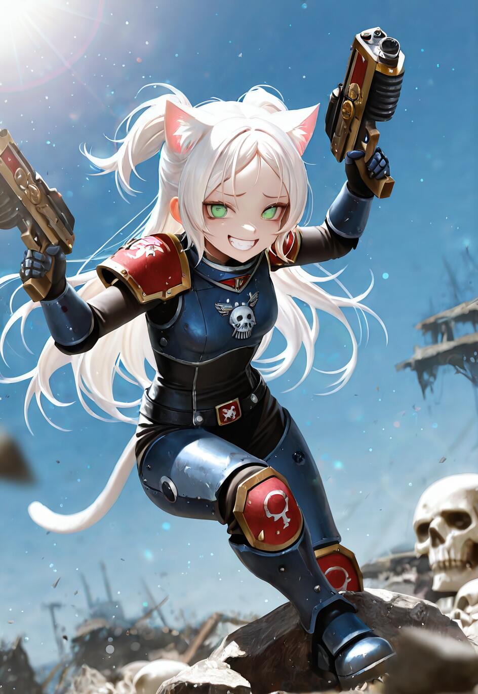 Una chica anime con apariencia de gato, de cabello blanco y ojos verdes, que lleva una armadura de combate de estilo Warhammer 40k en tonos azul y rojo, y que empuña con alegría dos pistolas en un campo de batalla desolado.