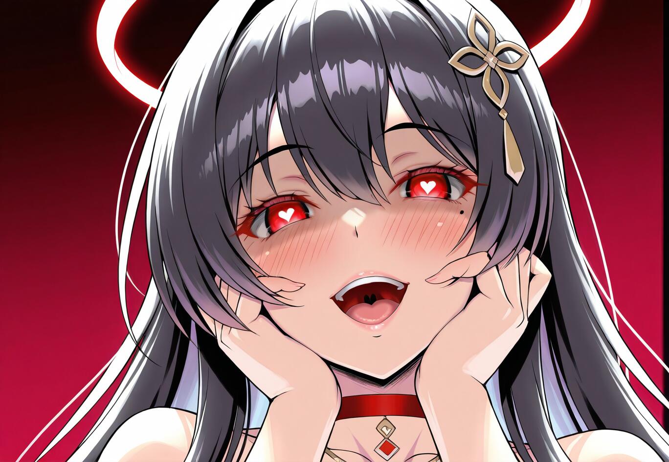 Una chica de anime con el pelo largo y negro y un halo rojo, identificada como Shiromi Iori, de Blue Archive, que muestra una sonrisa propia de un personaje «yandere». Está muy sonrojada, con unos ojos rojos brillantes que tienen pupilas con forma de corazón, y se está acariciando las mejillas.