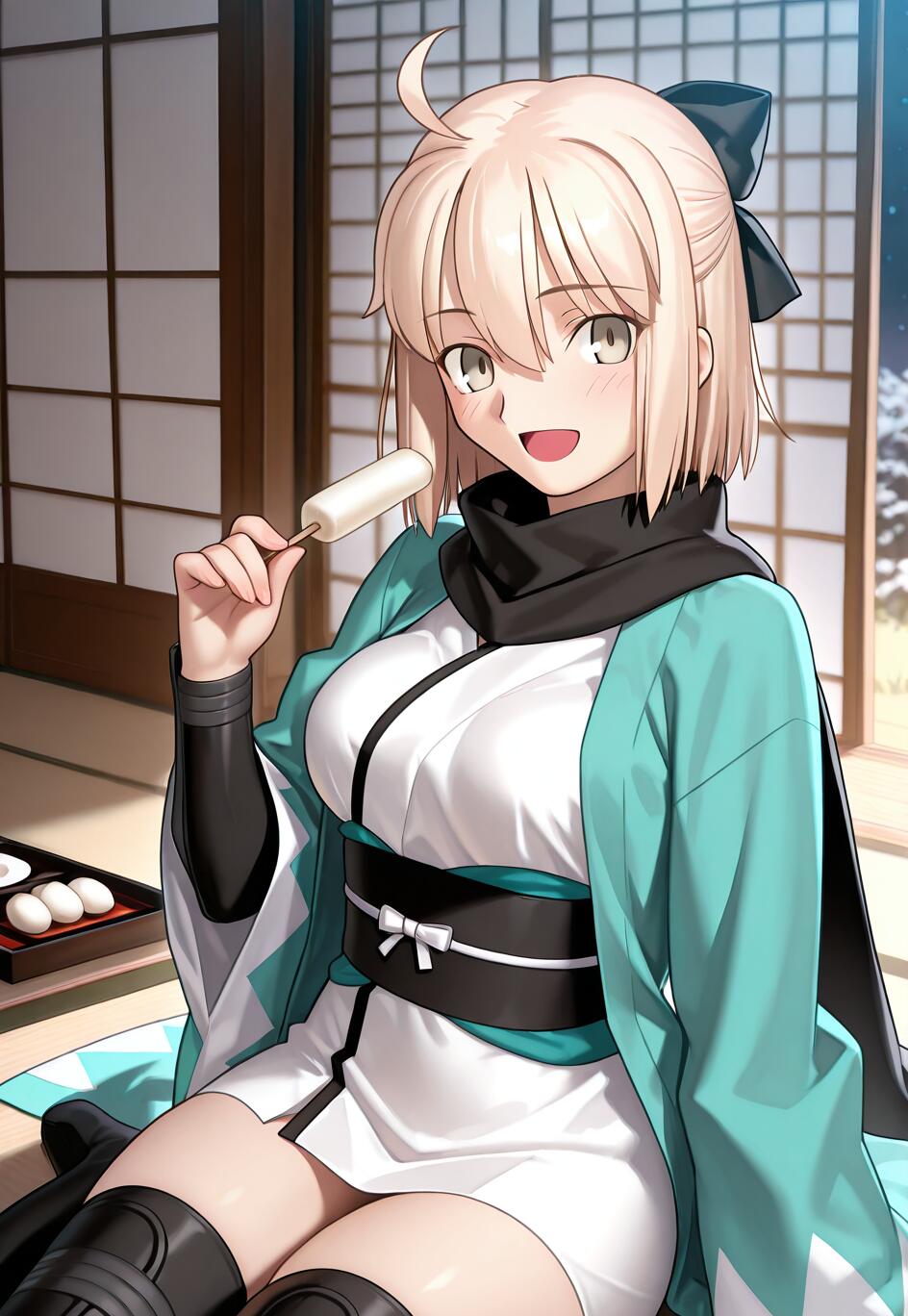 Okita Souji, un personaje rubio de anime de Fate/Grand Order, sonríe amablemente mientras está sentada en una habitación tradicional japonesa y sostiene un dango. Lleva puesto un haori turquesa sobre un kimono blanco.