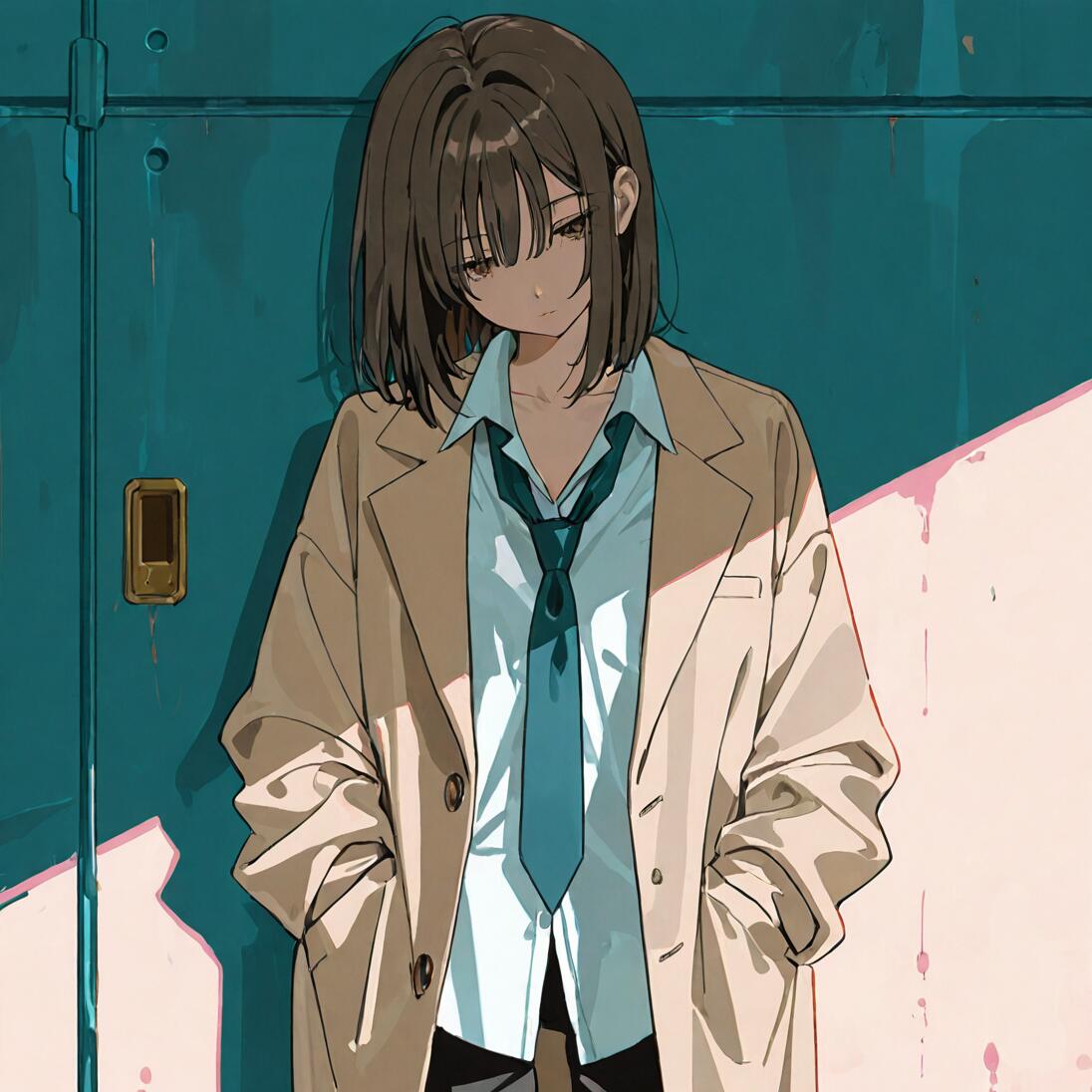 Una ilustración de estilo anime que representa a una joven con el pelo corto y castaño, vestida con un abrigo color beige sobre una camisa blanca y una corbata suelta. Está de pie, con las manos en los bolsillos, frente a una pared color turquesa, y mira hacia abajo con una expresión melancólica.