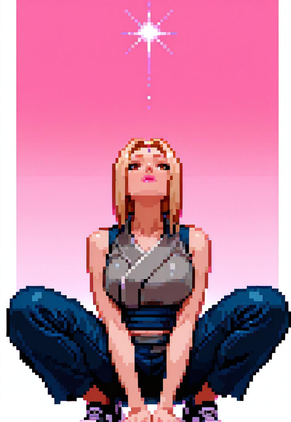 Una representación en estilo pixel art de Tsunade, del anime Naruto, en una pose agachada, mirando hacia una única y brillante estrella sobre un fondo rosa.