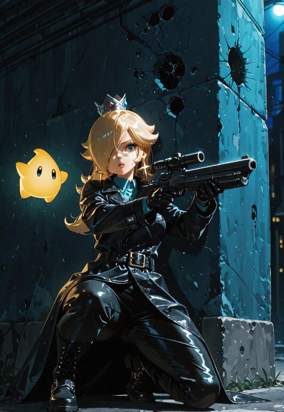 Una ilustración al estilo anime de la Princesa Rosalina, de Super Mario, vestida con un abrigo y pantalones de cuero negros, arrodillada en un callejón oscuro y apuntando con un rifle de francotirador. Una pequeña criatura estelar amarilla y brillante, una Luma, flota a su lado.
