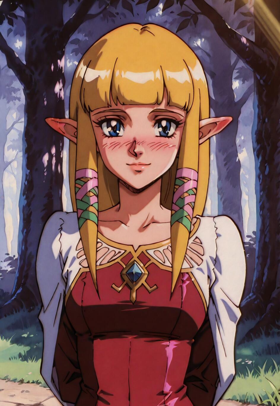 Una ilustración de la princesa Zelda, de Skyward Sword, representada con el estilo del anime de los años 90. Tiene el pelo largo y rubio, orejas puntiagudas y ojos azules, y muestra un ligero rubor con una suave sonrisa. Lleva un vestido rosa y rojo con un chal blanco, y está en un bosque.