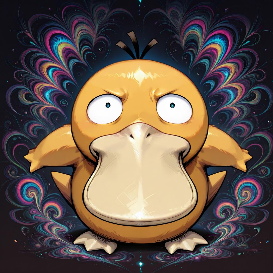El Pokémon Psyduck aparece en primer plano, con una expresión de confusión y estrés, los ojos muy abiertos y el ceño fruncido. Detrás de él, un fondo oscuro se ilumina con un diseño simétrico de patrones psicodélicos vibrantes y arremolinados en tonos rosa, azul, amarillo y verde.