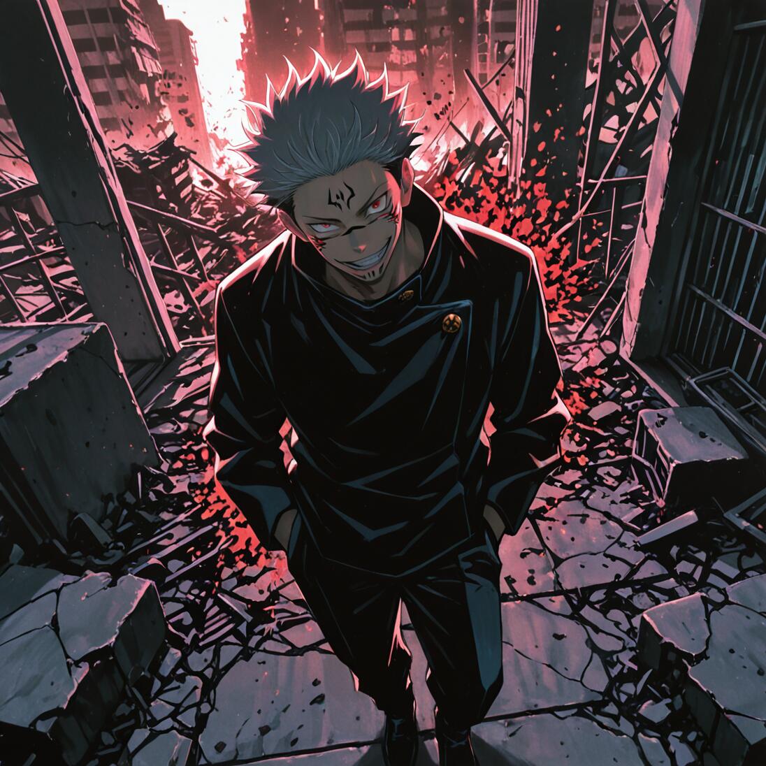 Ryomen Sukuna, de Jujutsu Kaisen, de pie en una ciudad devastada, sonríe con una expresión amenazante mientras mira a la cámara desde un ángulo elevado.