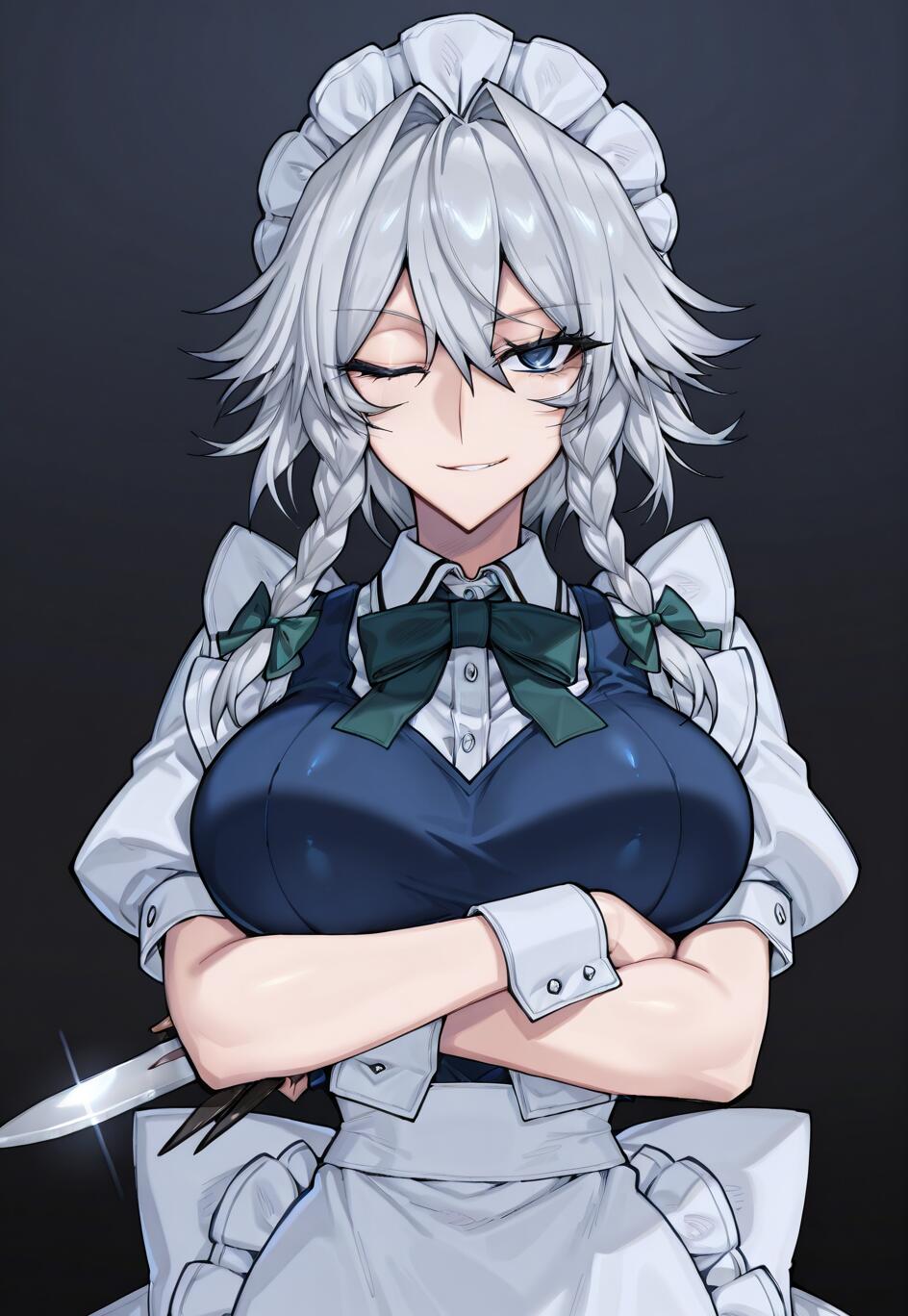 Sakuya Izayoi, del universo Touhou Project, una criada con el cabello plateado recogido en trenzas, guiñando un ojo y sonriendo con sorna mientras tiene los brazos cruzados y sostiene un cuchillo frente a un fondo oscuro.