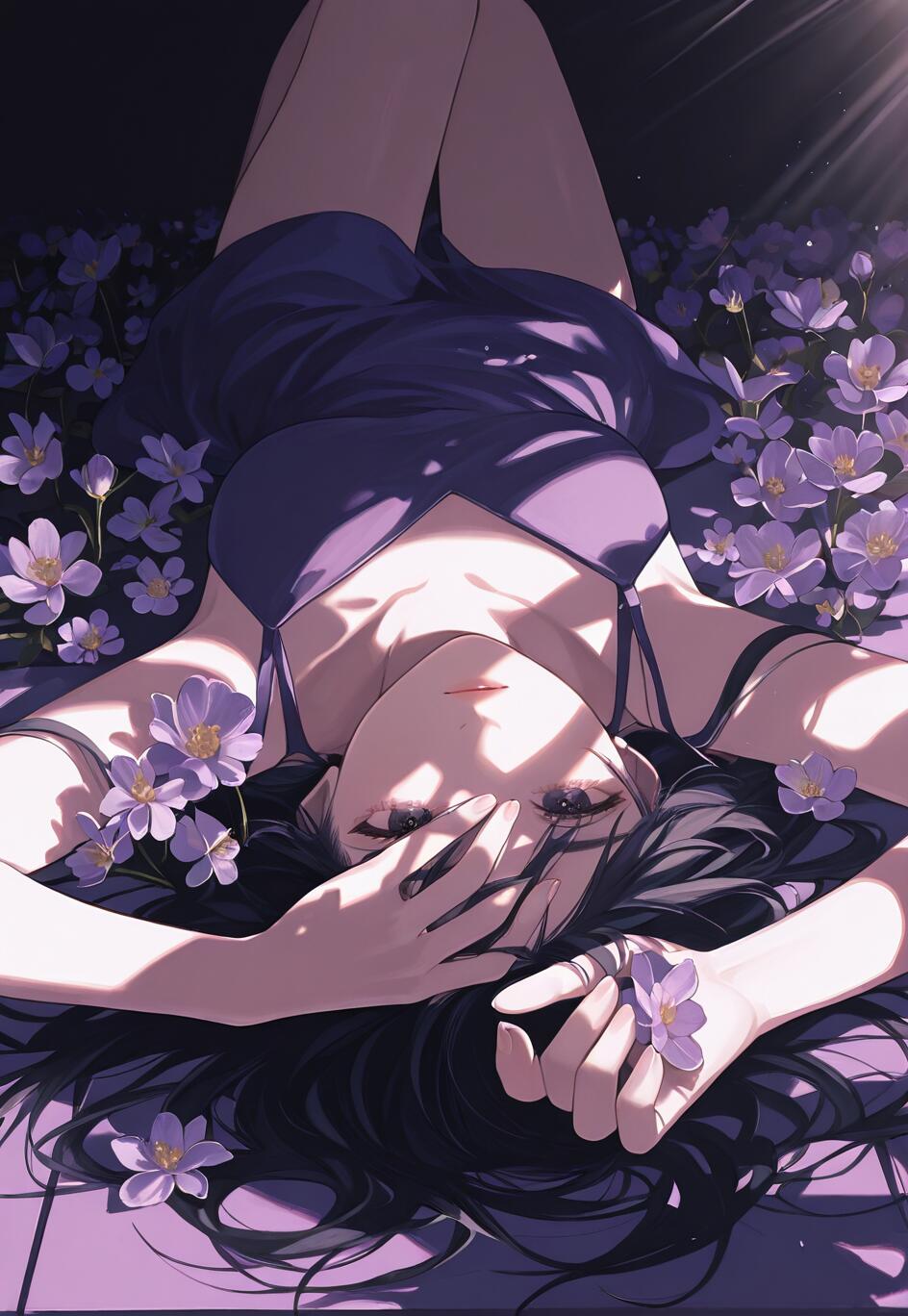Una ilustración de estilo anime que representa a una mujer de cabello largo y negro, tendida boca arriba en un campo de flores moradas, con la luz del sol proyectando sombras marcadas sobre ella.