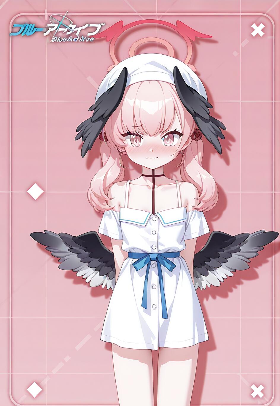 Ilustración de cuerpo entero de Shimoe Koharu, de Blue Archive. Tiene el pelo rosa y lleva puesto un vestido blanco de verano con una cinta azul. En la imagen, mira al espectador con una expresión de confusión, y el fondo es de color rosa.