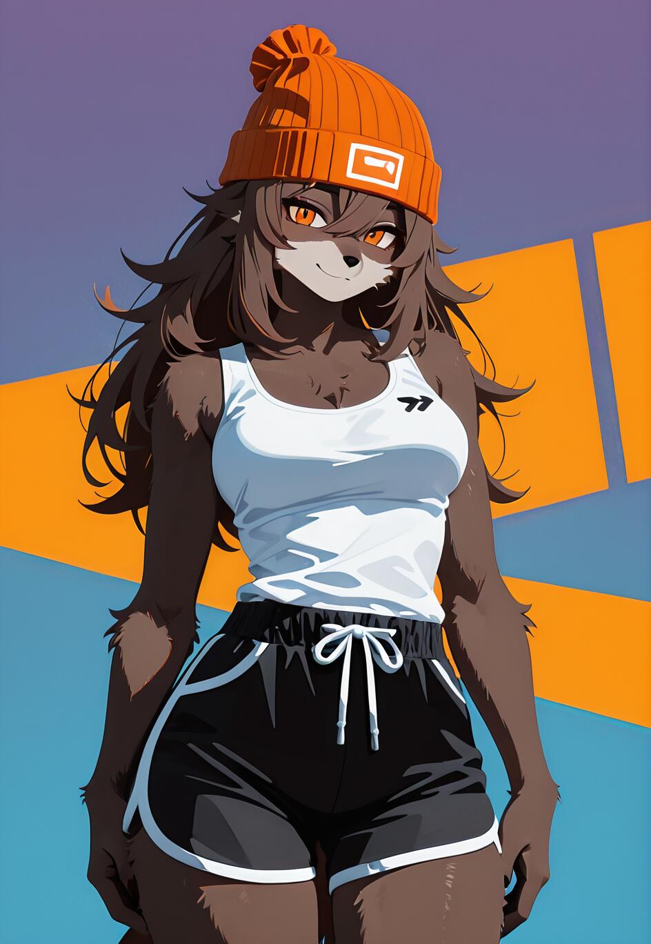 Una ilustración de estilo anime que representa a una loba antropomórfica con el pelo largo y castaño y los ojos de color naranja, que sonríe al espectador. Lleva un atuendo deportivo que consiste en una gorra de color naranja, una camiseta blanca sin mangas y unos pantalones cortos negros.