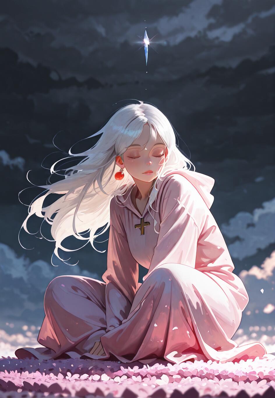 Una pintura digital de estilo anime que representa a una joven con el pelo largo y blanco, vestida con una túnica rosa con capucha, sentada con las piernas cruzadas sobre un campo de pétalos rosas. Tiene los ojos cerrados, en meditación, mientras una única estrella brillante resplandece sobre ella en el cielo oscuro y nublado.