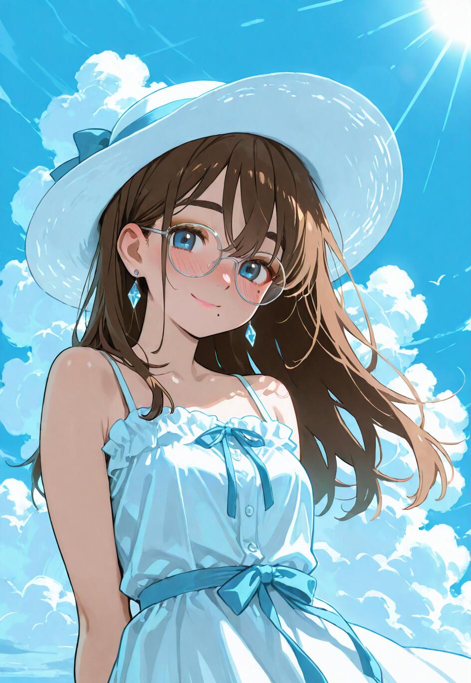 Una chica de estilo anime, con el pelo largo y castaño, ojos azules y gafas redondas, que lleva un sombrero blanco para protegerse del sol y un vestido de verano azul claro, y que sonríe frente a un cielo azul brillante con nubes.