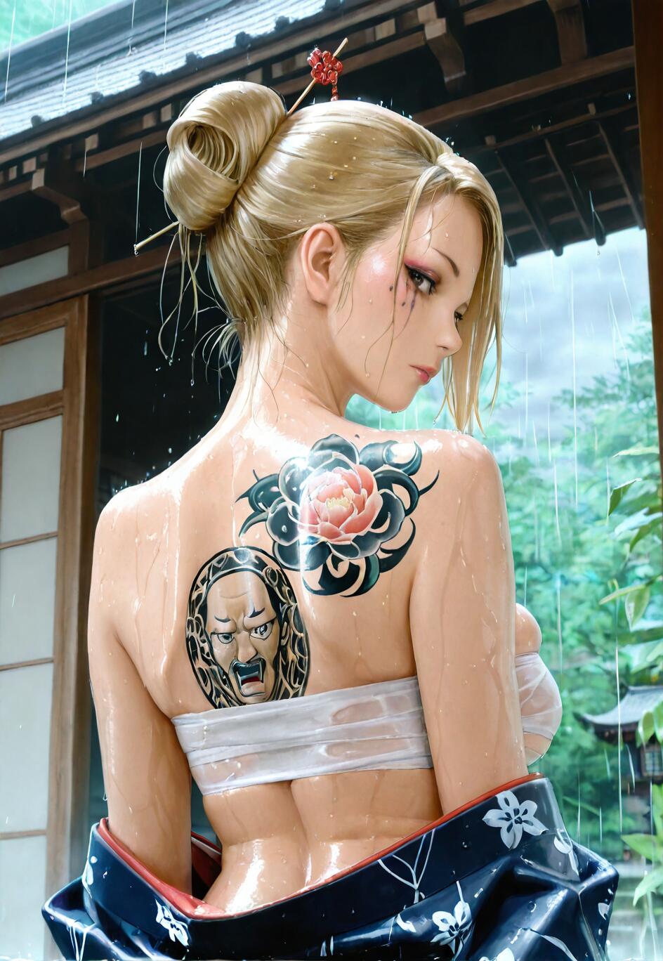 Una ilustración digital realista de una mujer rubia, de espaldas al espectador, que mira por encima del hombro bajo la lluvia. Tiene un tatuaje de una flor y una máscara en la espalda y lleva puesto un kimono abierto sobre una prenda tipo sarashi.