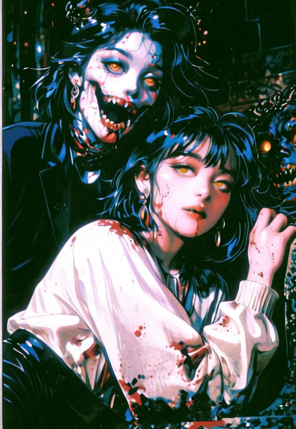 Una ilustración de terror al estilo anime que representa a una mujer de cabello oscuro y ojos amarillos, cubierta de sangre. Detrás de ella se vislumbra su monstruoso y amenazante alter ego, con colmillos y ojos brillantes, en un entorno oscuro y sombrío.