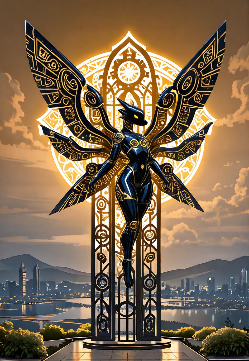Una estatua alta, de color negro y dorado, que representa una figura robótica alada con una cabeza de aspecto animal, situada sobre un halo dorado brillante y con vistas a un horizonte urbano futurista al atardecer.