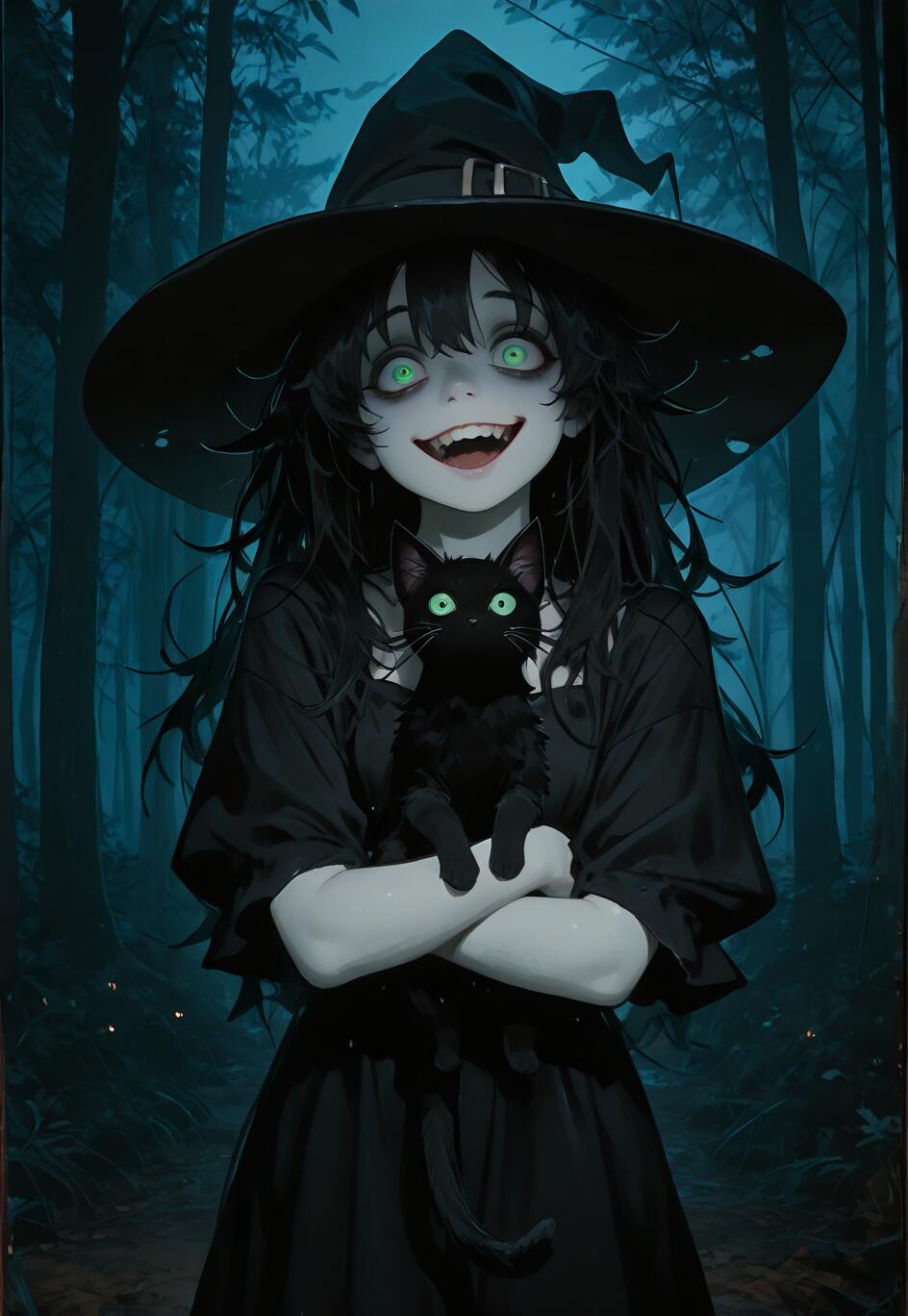 Una bruja de piel pálida, con el pelo negro despeinado, un sombrero puntiagudo y unos ojos verdes brillantes, sostiene un gato negro en un bosque oscuro y le sonríe maniáticamente al espectador.