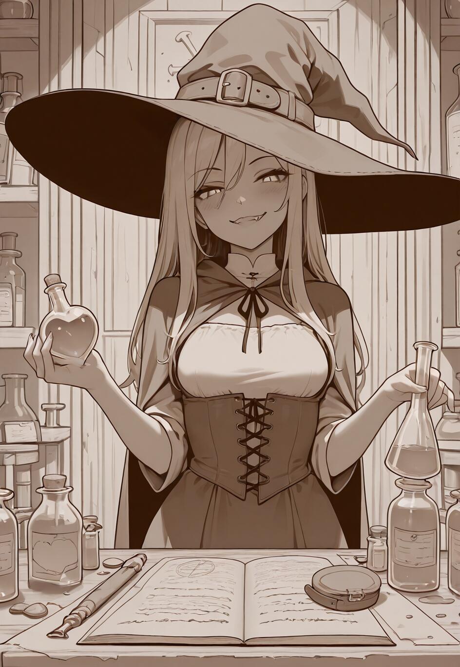 Una ilustración en tonos sepia que representa a una bruja de estilo anime, con el pelo largo y rubio y un sombrero grande, sonriendo con picardía mientras sostiene una poción de amor con forma de corazón en su laboratorio.