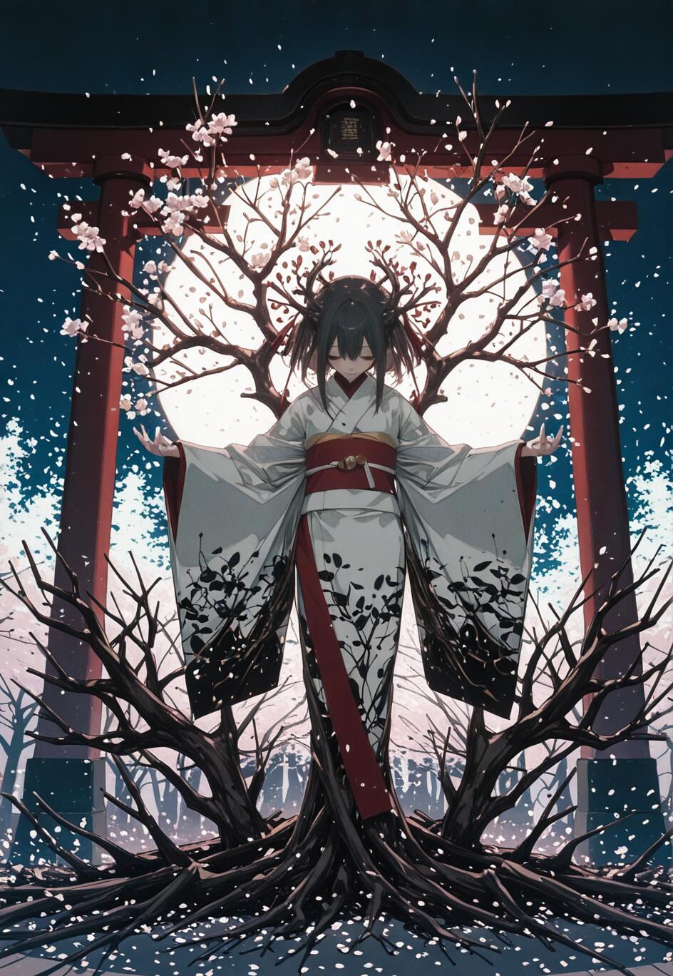 Una ilustración de estilo anime que representa a una joven de cabello oscuro, vestida con un kimono blanco y negro, de pie frente a una puerta torii roja. Está fusionada con un árbol oscuro y retorcido, cuyas ramas, adornadas con flores de cerezo, enmarcan una gran luna llena detrás de ella.