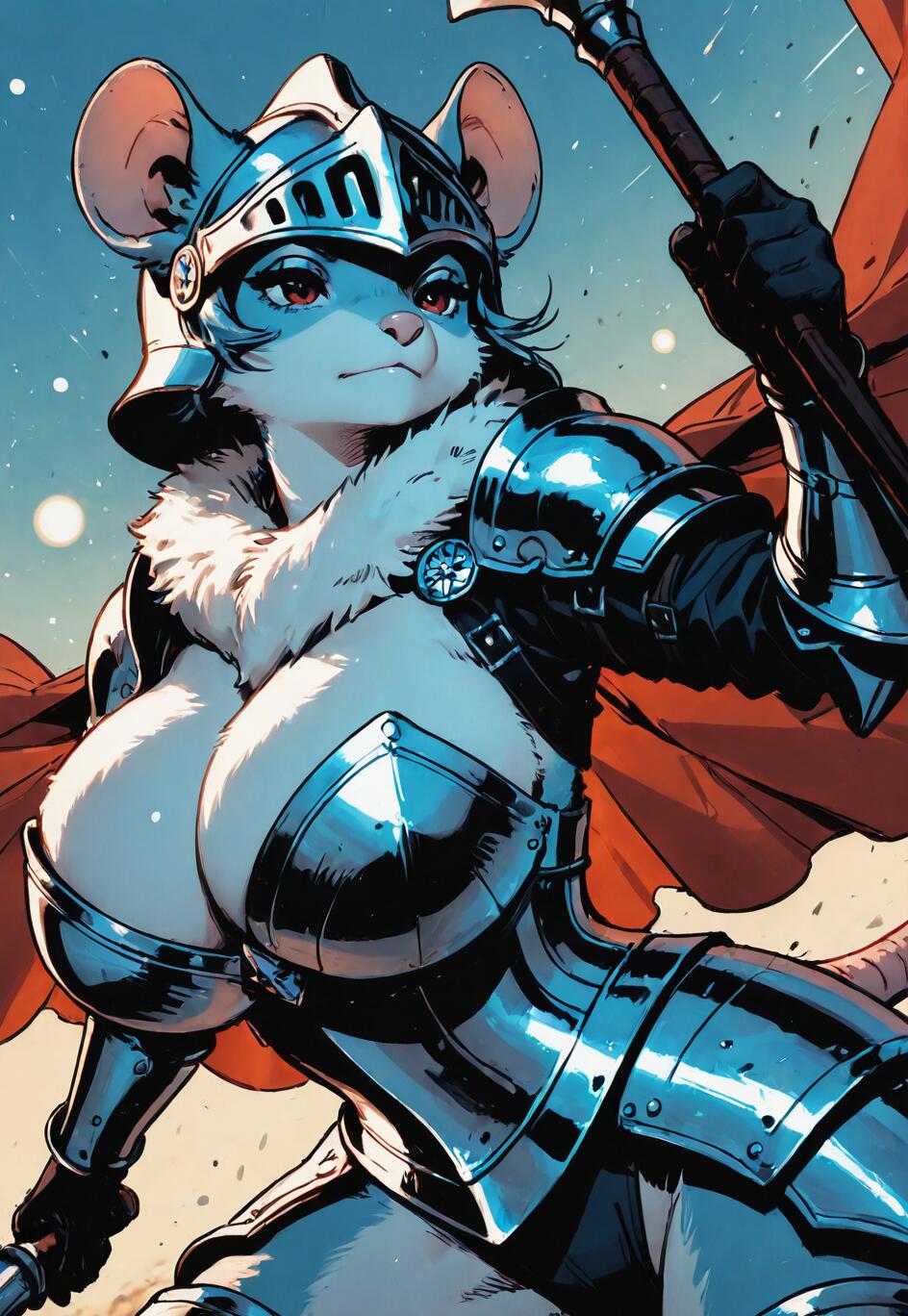 Una ilustración digital de una guerrera ratón antropomórfica, ataviada con una armadura completa de placas y un casco, que sostiene un mazo y lleva una capa roja ondeando a su espalda. Su rostro refleja una expresión decidida.