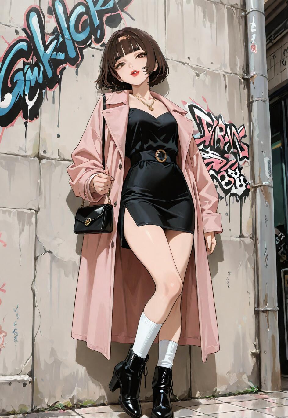 Una ilustración de cuerpo entero de una chica de estilo anime, con el pelo corto y castaño, que lleva un abrigo rosa sobre un vestido negro corto y botas negras de tacón. Está apoyada contra una pared cubierta de grafitis en un callejón de la ciudad.