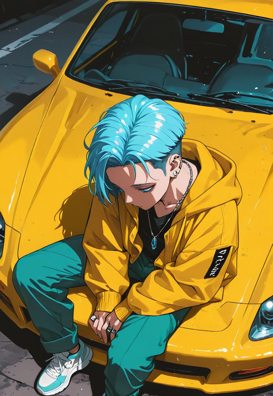 Una ilustración de estilo anime que representa a un joven de pelo azul y chaqueta amarilla sentado en el capó de un coche deportivo amarillo, mirando hacia abajo.
