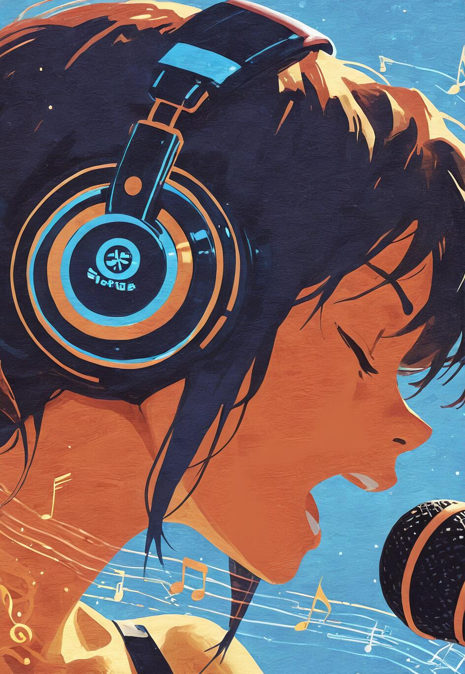 Un retrato estilizado, de estilo pictórico, de una joven morena que lleva unos grandes auriculares y canta con los ojos cerrados frente a un micrófono, con un fondo azul adornado con notas musicales.