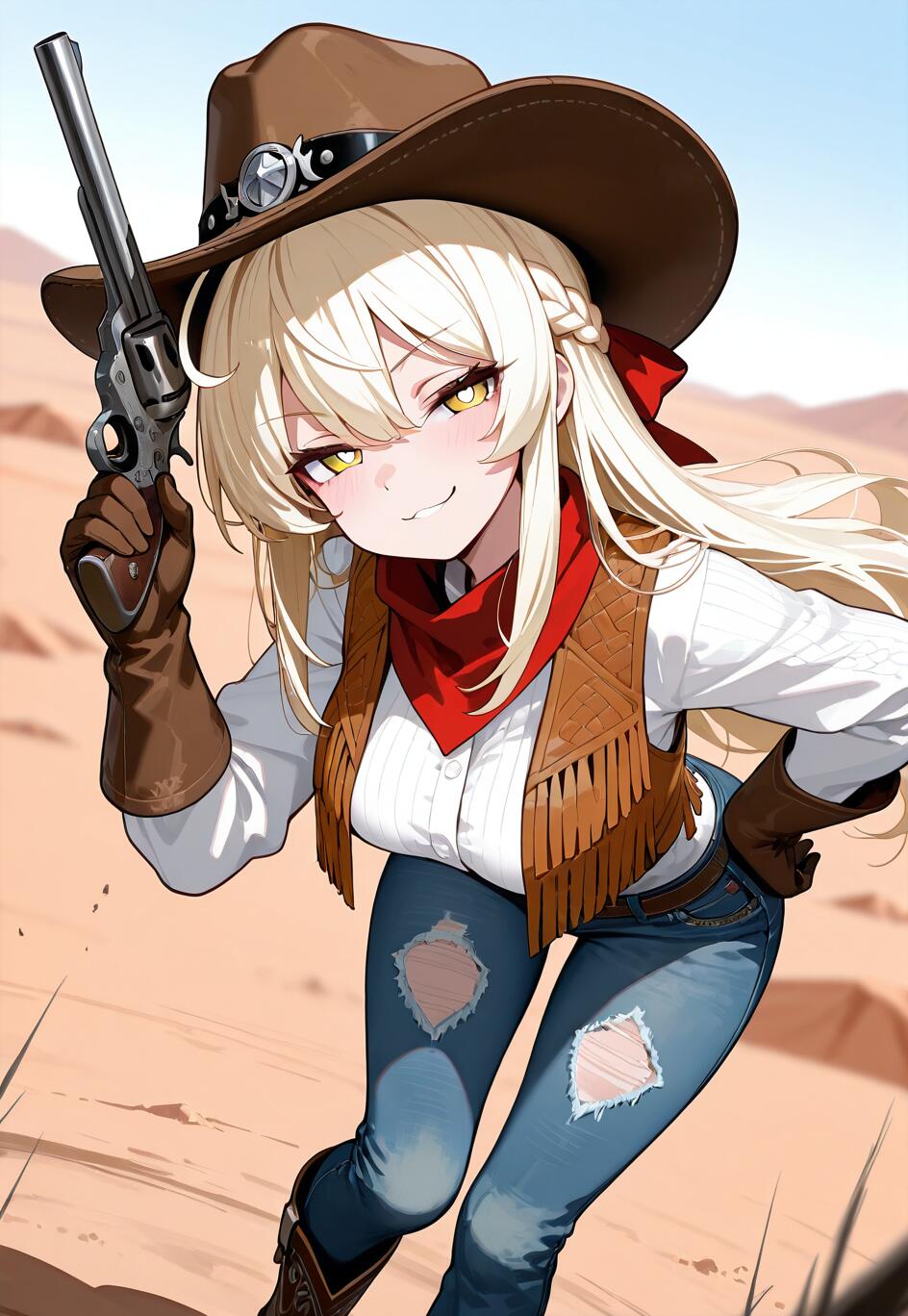 Una ilustración de estilo anime que representa a una vaquera rubia, identificada como Lumine, del juego Genshin Impact, en un desierto. Lleva un sombrero de vaquero, un chaleco con flecos y unos vaqueros rotos, y sonríe con aire de suficiencia mientras apunta con un revólver al espectador.