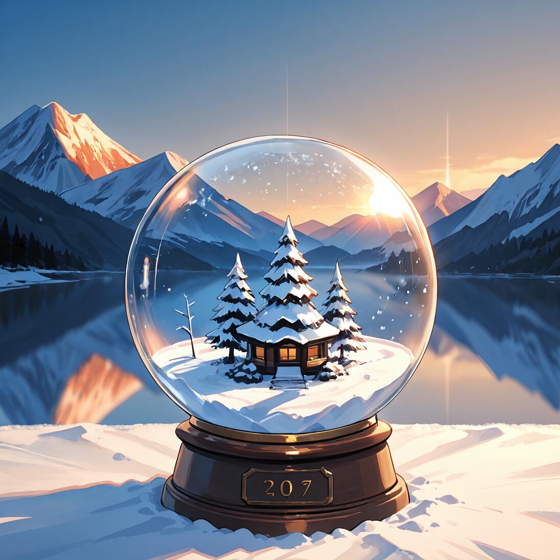 Una bola de nieve de cristal que contiene una escena invernal en miniatura, con una cabaña y árboles, y que se sitúa sobre un fondo realista de una cadena montañosa cubierta de nieve y un lago tranquilo al amanecer.