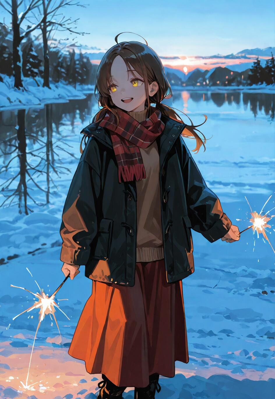 Una ilustración de estilo anime que representa a una niña sonriente, de cabello castaño y ojos amarillos, vestida con un abrigo y una bufanda de invierno, y sosteniendo dos bengalas encendidas en un paisaje nevado junto a un lago al atardecer.