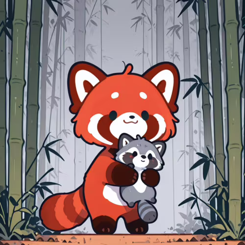 Un adorable panda rojo de dibujos animados está de pie en un bosque de bambú, abrazando a un pequeño mapache gris, también de estilo caricaturesco.