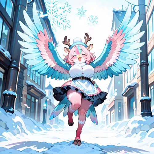 Una ilustración de estilo anime que representa a un personaje femenino alegre, con cabello rosa, astas de reno y grandes alas emplumadas de color azul y rosa, que está de pie sobre una sola pierna en una calle nevada de la ciudad.