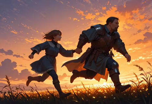 Una ilustración de fantasía que muestra a un caballero corpulento y a una niña pequeña corriendo juntos, tomados de la mano, a través de un campo cubierto de hierba, durante un vibrante atardecer anaranjado. El hombre lleva una armadura y la niña, un vestido azul.