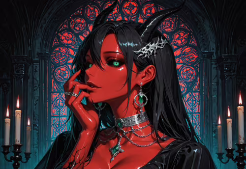 Una ilustración de una hermosa mujer demonio, con una piel roja vibrante, cabello negro y largo, y unos ojos verdes que brillan, todo ello enmarcado por el fondo de una oscura catedral gótica con vidrieras rojas y velas encendidas.
