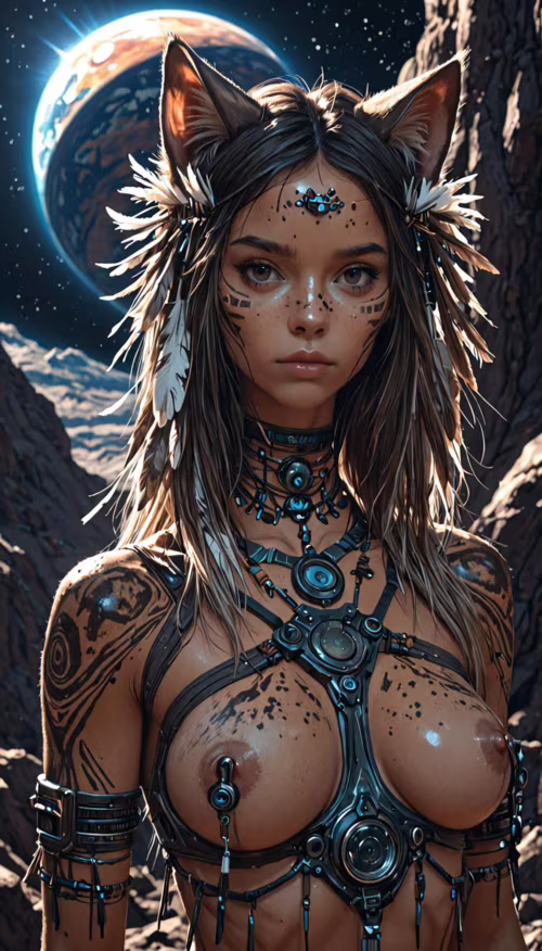 Un retrato de una joven con orejas de gato, pintura facial de estilo tribal y tatuajes, que lleva un arnés futurista y plumas en el pelo, y que está de pie en un planeta rocoso y alienígena, con un gran cuerpo celeste en el fondo.