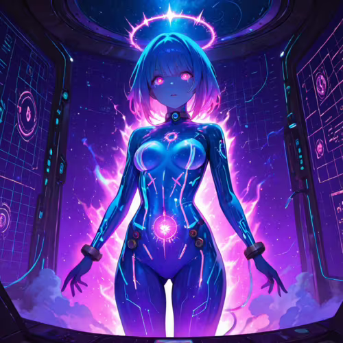 Una imagen de cuerpo entero de un personaje femenino de estilo anime futurista, con el pelo corto de color azul, un halo brillante y un cuerpo cibernético cubierto de circuitos luminosos azules y rosas, que se encuentra en la cabina de una nave espacial, con vistas a una galaxia púrpura.