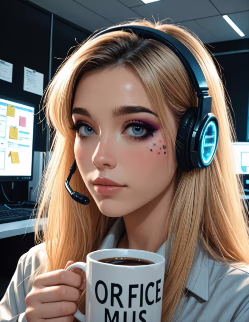 Una pintura digital que representa a una joven rubia de ojos azules, con un auricular luminoso puesto y sosteniendo una taza de café en un cubículo de oficina.