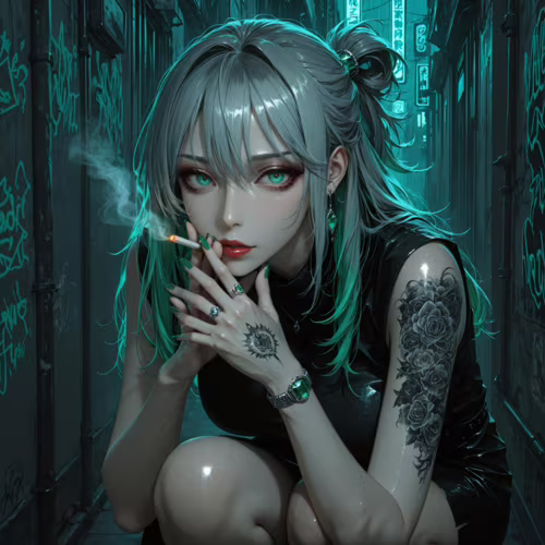 Una ilustración de estilo anime que representa a una joven con cabello gris, algunos mechones verdes y unos ojos de color verde brillante. Está agachada en un callejón oscuro, iluminado con luces de neón, mientras fuma un cigarrillo y mira directamente a la cámara. Tiene un gran tatuaje de una rosa en el brazo.