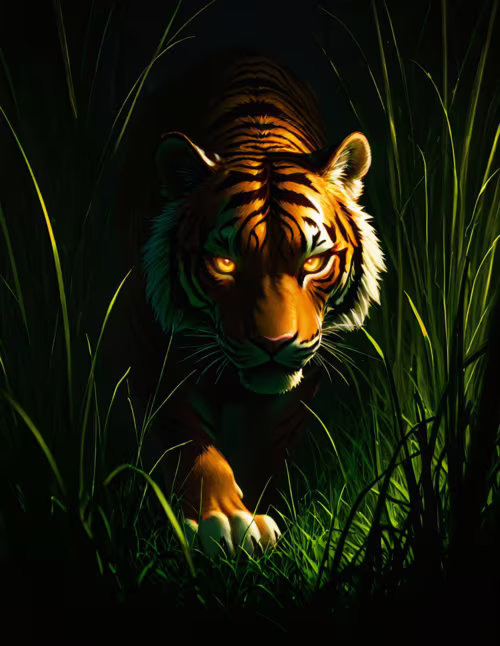 Un poderoso tigre, con unos penetrantes ojos amarillos, avanza sigilosamente entre la alta hierba verde en la oscuridad, con el rostro iluminado y una expresión intensa.
