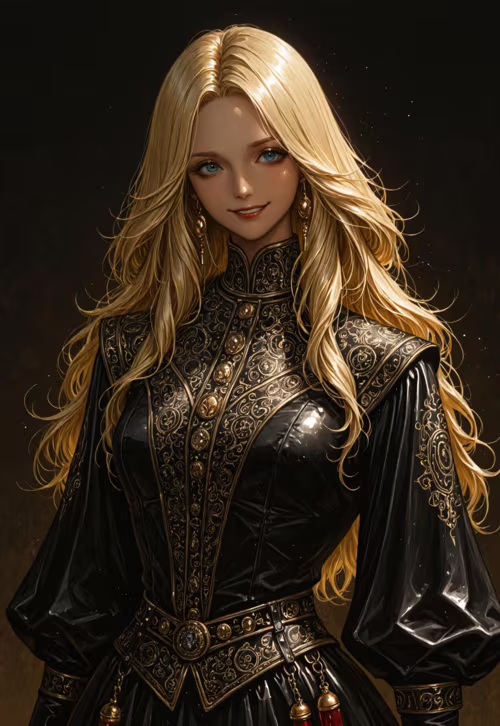 Una pintura digital que muestra a una joven desde la cintura hacia arriba, con el pelo largo, ondulado y rubio, y ojos azules, sonriendo suavemente. Lleva un elaborado vestido de fantasía en tonos negro y dorado, con un cuello alto, sobre un fondo oscuro.