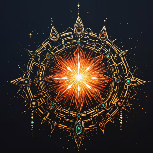 Un artefacto circular, ornamentado y dorado, con diseños que recuerdan a circuitos y adornado con gemas turquesas, sobre un fondo oscuro y estrellado. En el centro, se observa una brillante explosión de luz naranja y blanca, con forma de estrella, que se asemeja a un amanecer artificial.