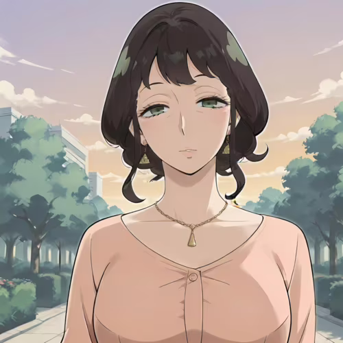 Una ilustración de Melinda Desmond, de Spy x Family, que muestra su torso. Se trata de una mujer madura, con el pelo corto y oscuro y los ojos verdes, que lleva una blusa rosa y joyas doradas, y está de pie en un parque al atardecer.